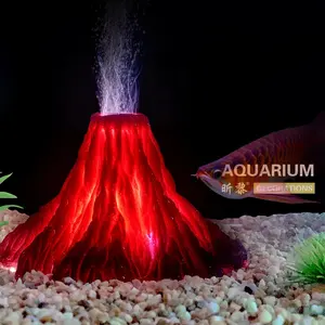 Multi-sizes Aquarium Resin Fire-Mountain Ornament With Colorful LEDs Air Bubbler Decorations for Fish Tank