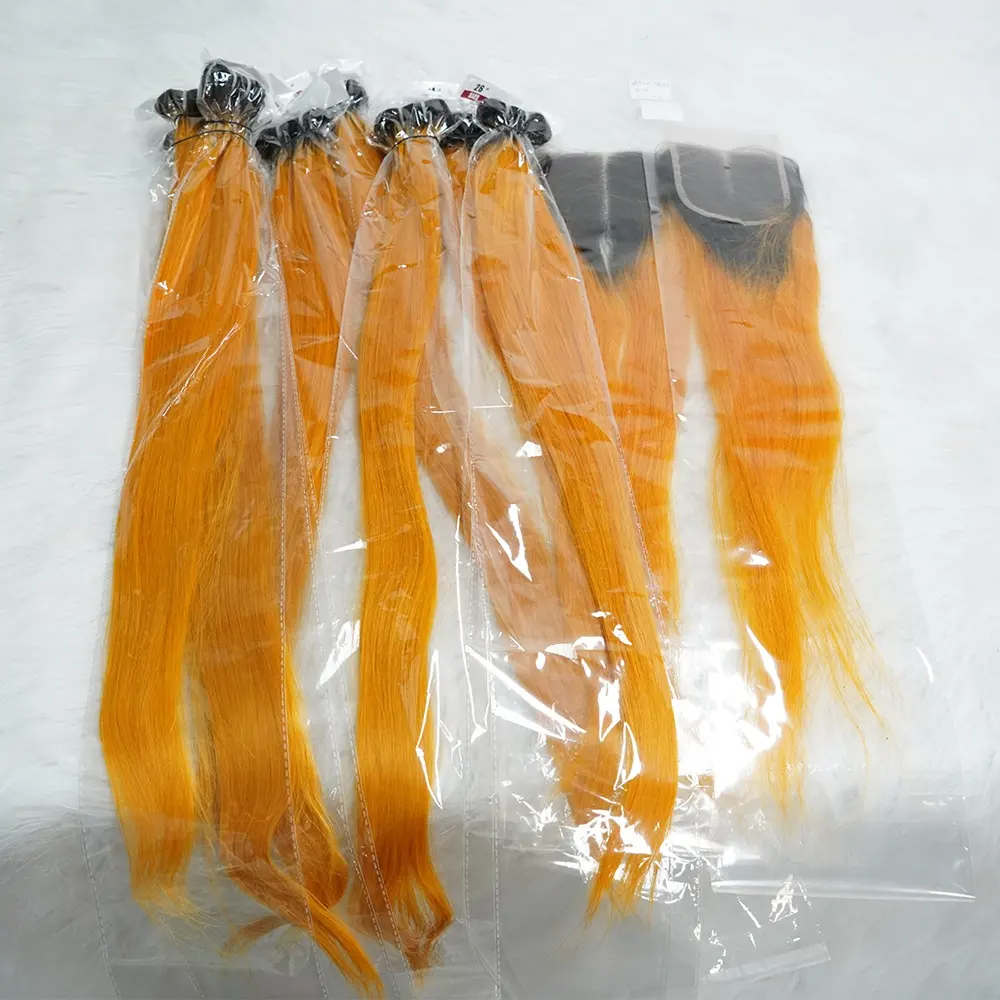 Bundles de cheveux humains bon marché avec fermeture Ombre 1b Orange Remy cheveux brésiliens droits/body wave avec frontaux 3 pièces avec fermeture