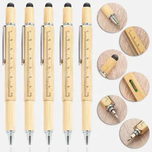 Personalizar 6 em 1 Custom Stylus gravado madeira ferramenta caneta esferográfica com nível e chaves de fenda
