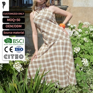 Custom Women Halter Neck Plaid Maxi <b>Dress</b> Sleeveless High Neck A‑Line Long <b>Dress</b> With Pockets Vintage Linen Blend Vacation <b>Dress</b> - Product Image 1