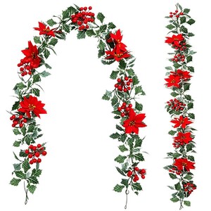 Guirlande de Noël artificielle avec baies rouges et poinsettias pour décorations de rampes d'escalier - Product Image 5