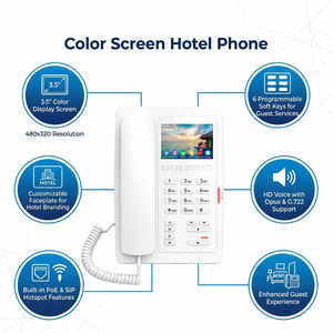 Téléphone d'hôtel H5W blanc pour chambre d'hôtes, téléphone IP WiFi avec écran couleur de 3,5 pouces, 6 touches de numérotation rapide, 2 lignes SIP, PoE - Product Image 2