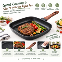 Poêle carrée antiadhésive de 24 cm avec poignée style bois, plaque de cuisson à fond plat pour steak, légumes et cuisine quotidienne