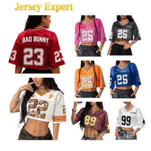 Camisetas <span class=keywords><strong>de</strong></span> estilo jersey extragrandes con diseño moderno para mujer, transpirables, con cuello en V, estilo jersey <span class=keywords><strong>de</strong></span> fútbol, top corto Y2K para verano - Product Image 1