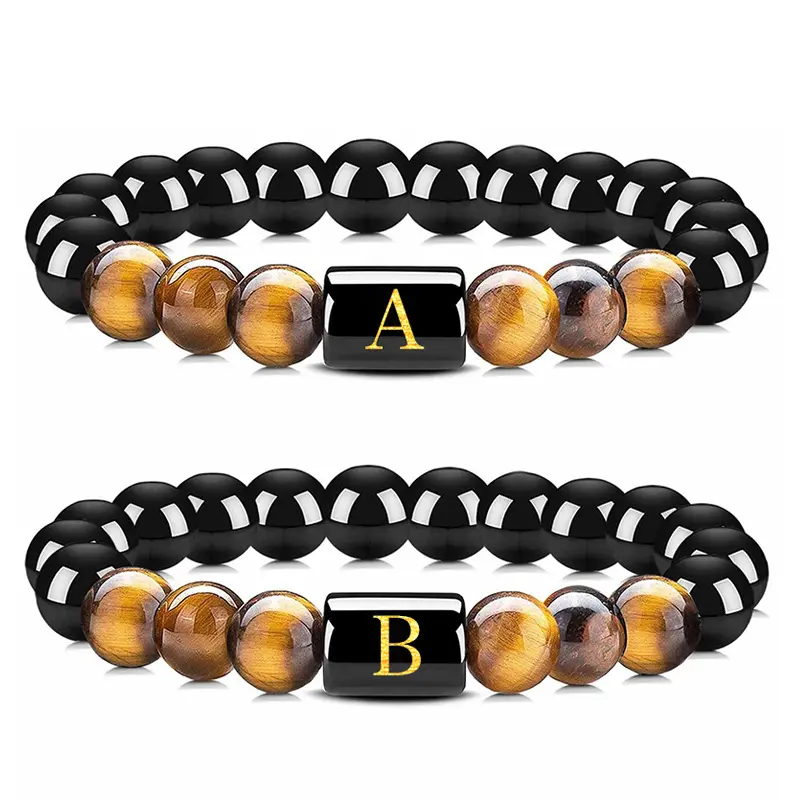 Bracelet en oeil de tigre naturel A-Z personnalisé 26 lettres Bracelet en obsidienne corde extensible chaîne hommes et femmes bijoux