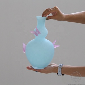 BIXUAN <span class=keywords><strong>Vase</strong></span> de table <span class=keywords><strong>double</strong></span> <span class=keywords><strong>gourde</strong></span> soufflé à la main Givré mat Pastel bleu citron papillon <span class=keywords><strong>Vase</strong></span> en verre sculptural soufflé à la bouche Appliqué - Product Image 3