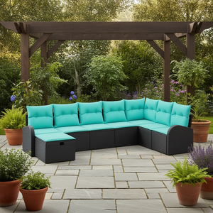Set da giardino in polyrattan nero e turchese da 8 pezzi con cuscini, set di divani da esterno dal design contemporaneo - Product Image 2