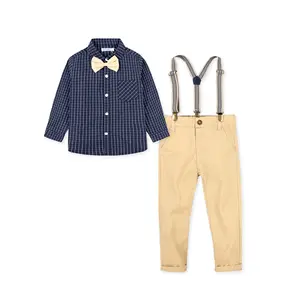 Pakaian Kinerja Anak-anak 100% Katun Anak Laki-laki Inggris Bolan Kemeja Kotak-kotak Celana Khaki Suspender Setelan Panjang