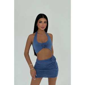 Ensemble jupe 2 pièces Indigo Rose Detail, motif floral uni, mini-robe avec haut court, coupe ajustée, tenue décontractée pour club, pour l'été - Product Image 2