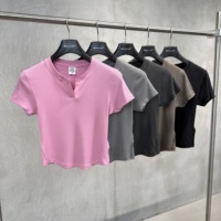 Tank Top Wanita V-Neck Kecil Lengan Pendek Spandex/Katun Elastisitas Tinggi Bernapas Ramah Lingkungan Gaya Manis Kasual Musim Panas