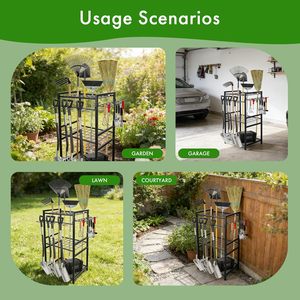 Support de rangement vertical à 3 niveaux en métal pour outils de jardin, garage et entrepôt, avec étagères et crochets - Product Image 2