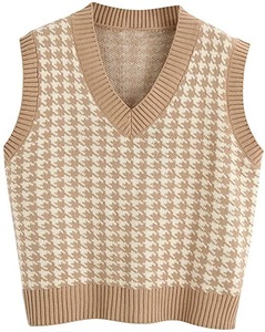 Pull en tricot sans manches géométrique à carreaux pour femmes, col en V, pull en <span class=keywords><strong>crochet</strong></span>, <span class=keywords><strong>gilet</strong></span> - Product Image 1