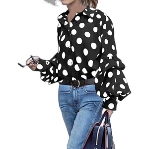 夏の女性用タイネックランタンロングスリーブシフォンドットブラウス - Product Image 4