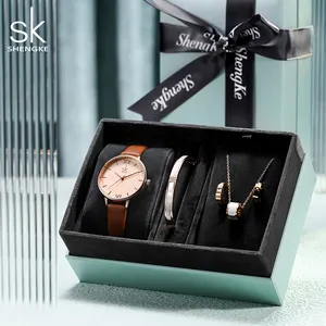 SHENGKE-Reloj de pulsera de regalo para mujer joven, exquisito conjunto de pulsera marrón con collar y pendientes, regalo de San Valentín