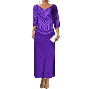 Robe longue maxi personnalisée pour <span class=keywords><strong>femme</strong></span>, style populaire, col en V, <span class=keywords><strong>rose</strong></span> vif et blanc, imprimé tribal polynésien, manches longues, style Asie-Pacifique - Product Image 5