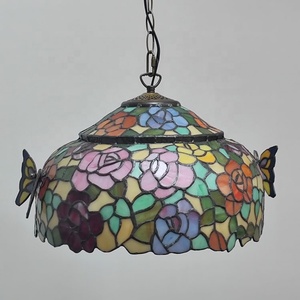 LongHuiJing Tiffany <b>Chandelier</b> 16-Inch Wide Multicoloured Stained Glass Two-Color Flower Lampshade Pendant <b>Lights</b> Halogen/LED - Product Image 2