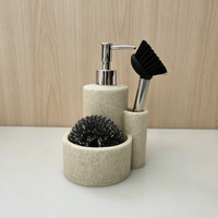 Distributeur de savon liquide 3-en-1 en résine texturée effet grès pour cuisine, support pour brosse à vaisselle et organiseur de rangement