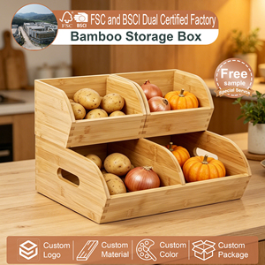 Contenedor Apilable de Bambú FSC para Almacenamiento de Alimentos, Organizador de Despensa, Cesta para Frutas con Asa para Encimera de Cocina, Frutas y Verduras - Product Image 1