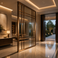 Paravent en verre à grille métallique avec cadre en bronze brossé, grands panneaux réfléchissants, sur mesure pour hall d'hôtel