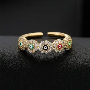 Jewelry fashion 18k gold plated rings zircon shiny diamond devil eye open copper ring for party