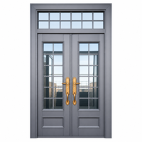 Porte d'entrée double en acier gris foncé moderne avec transom en verre pour villa