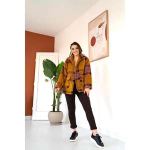 <b>Women's</b> Mustard Fuchsia Plaid <b>Coat</b> Button Detail <b>Single</b> <b>Breasted</b> XL Detachable Cotton Padded Wholesale for Autumn Winter Spring - Product Image 4