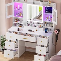 Coiffeuse blanche avec miroir LED et éclairage, design moderne, commode multifonctionnelle pour grande chambre