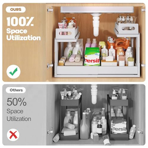 Organisateur de placard coulissant blanc extensible à 2 niveaux sous évier, avec cadre métallique réglable et tiges coulissantes - Product Image 2