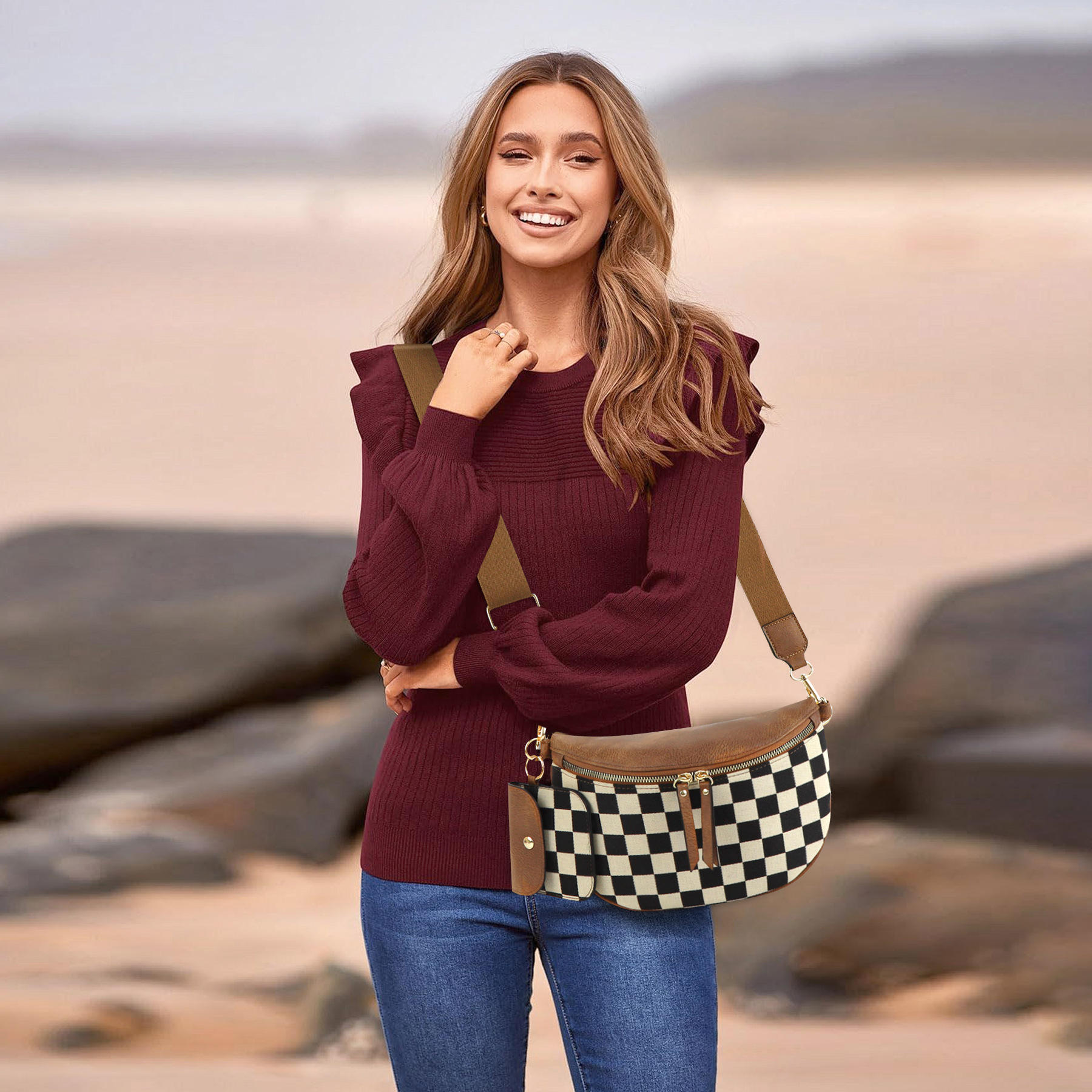 2025 Fashion Women Fanny Pack Checkered Crossbody Waist Bag Travel