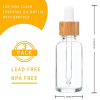 Flacon compte-gouttes en verre transparent de 30 ml avec couvercle en bambou pour huiles essentielles, mascara, crème de soin, collyre, nettoyant visage, perruques - MOQ 100 pièces