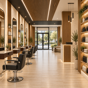Mobilier de salon de coiffure sur mesure, postes de travail avec miroir, armoires de rangement et présentoirs pour studio de toilettage masculin - Product Image 4