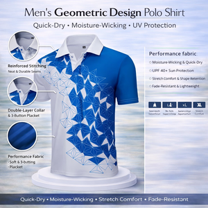 Polo Geométrico Azul y Blanco para Hombre, Transpirable, Absorbente de Humedad, para Golf, con Logotipo Personalizado, Gran Venta - Product Image 2