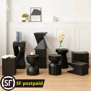 Taburete de madera maciza natural moderno, mesa de centro carbonizada, mesita de noche para sala de estar, mesa auxiliar negra, taburetes otomanos ornamentales para - Product Image 2