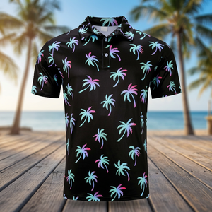 Men's Black Palm <b>Tree</b> Print Polo Shirt Short Sleeve Knitted Polyester Casual Breathable Design - Product Image 1