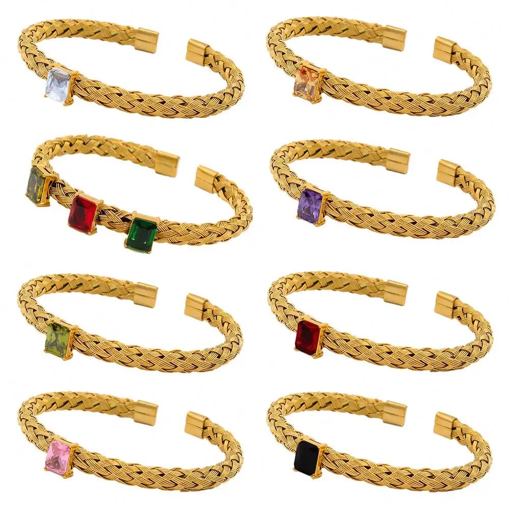 FANJIN, brazalete abierto de malla de acero inoxidable, pulsera chapada en oro de 18 quilates, Zirconia cúbica, encanto ostentoso, joyería impermeable para mujer