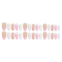 Lot de 30 faux ongles en acrylique, forme amande, rose français, avec fleurs 3D, étoiles de mer, coquillages et perles, kit complet pour pose à pression, vente en gros, pour nail art