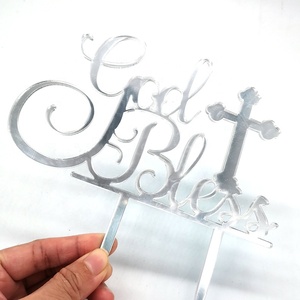 New Arrival Silver 'God Bless' Acrylic Cake Topper for Baby Shower <strong>Baptism</strong> Christening Party Wedding <strong>Decorations</strong> - Product Image 1