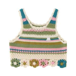 Pull <span class=keywords><strong>long</strong></span> pour <span class=keywords><strong>femme</strong></span> en <span class=keywords><strong>crochet</strong></span> personnalisé avec décoration florale, hauts en tricot de printemps, hauts sans manches - Product Image 1