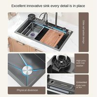 Évier de cuisine en acier inoxydable à l'échelle nanométrique cellulaire chaud et robinet en cascade, avec affichage de contrôle central, étirement libre du robinet