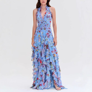 Vestido Largo de Noche con Estampado Floral, Cuello Halter, Cintura Imperio, Falda con Volantes Multicapa, Transpirable, para Mujer - Product Image 1
