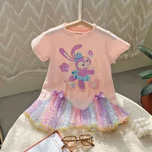 Trajes de moda para niñas, vestido de diseño de dibujos animados, camisetas con estampado y tutú Pastel de arcoíris, novedad de verano