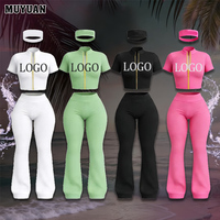 Ensemble deux pièces mode été 2026 pour femme : Leggings de yoga évasés et veste zippée à manches courtes, avec logo personnalisé, en mélange nylon-coton