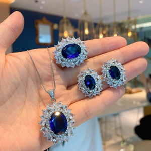 Fashion 12*16mm Blue Zircon Vintage Style Necklace <b>Earrings</b> Ring Set Eco-friendly Copper Jewellery Gift Sets for Women - Product Image 1