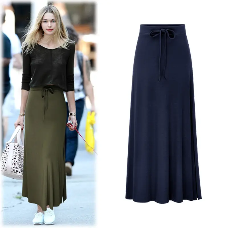 Ladies Causal Slim Polyester Slim Medium Length Drawstring High Waist Plus Size Womens Midi Skirts