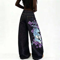 Celana Jeans High-waisted Loose-fitting Wide-leg Drapey Straight-leg - Celana Jeans Bordir Bunga Ungu Motif Harimau Gaya Cina Terbaru