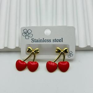 Hot-selling Oil-drop Style Cherry Simulated Sweet 18k Gold Stainless Steel <b>Red</b> Green <b>Earrings</b> Wholesale - Product Image 6
