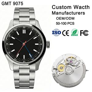 Montre-bracelet automatique <span class=keywords><strong>mécanique</strong></span> Miyota 9075 GMT avec logo personnalisé, saphir lumineux, luxe, acier inoxydable pour hommes, fabricants OEM - Product Image 1