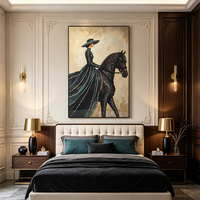 Tableau mural luxe moderne femme et cheval noir, porcelaine cristal strass incrusté à la main, décoration murale verticale