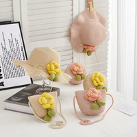 Ensemble Chapeau de Paille et Sac d'Été pour Enfants, Motif Floral Sérigraphié, Protection Solaire, pour Femmes et Filles