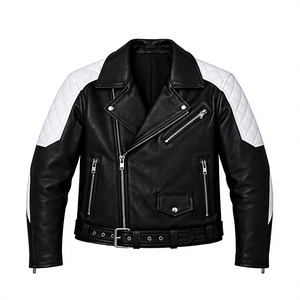 Blouson de motard en cuir bicolore pour homme avec fermeture éclair asymétrique, options de panneaux contrastants et de passepoil, col large et taille ceinturée, style Perfecto - Product Image 1